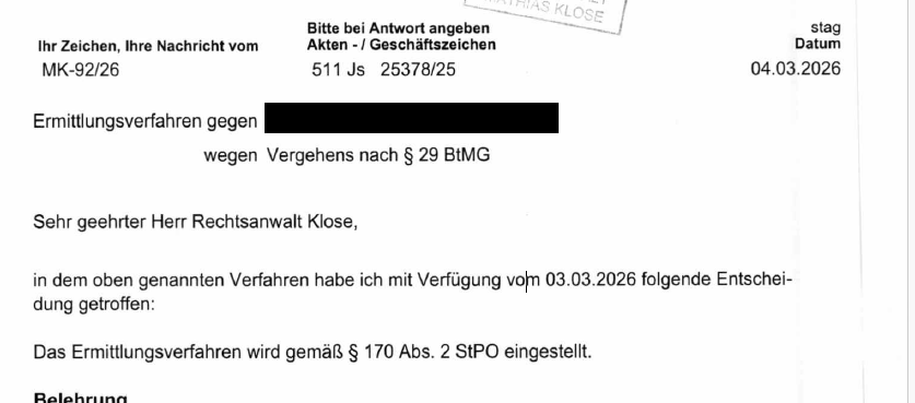 Durchsuchung wegen vermeintlichen Drogenhandels – Verfahrenseinstellung