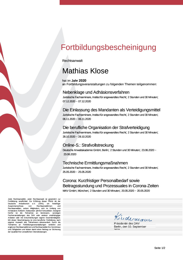 Fortbildungsbescheinigung des DAV für Rechtsanwalt Mathias Klose - 2020