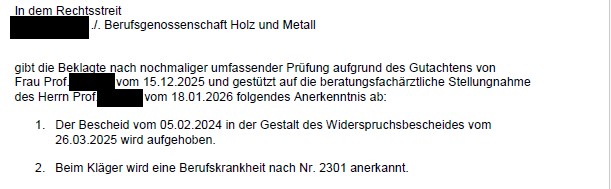 BGHM erkennt Berufskrankheit vor dem Sozialgericht an