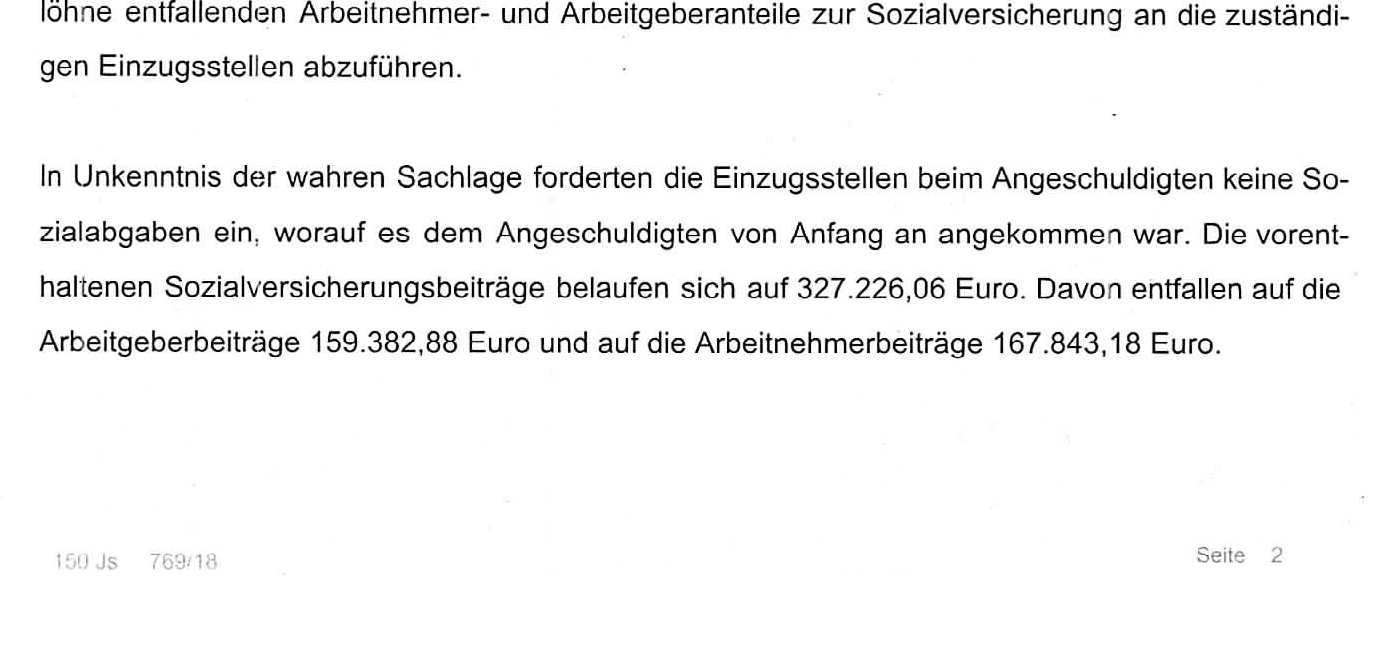 Auszug aus einer Anklageschrift wegen Vorenthaltens und Veruntreuens von Arbeitsentgelt nach 266a StGB