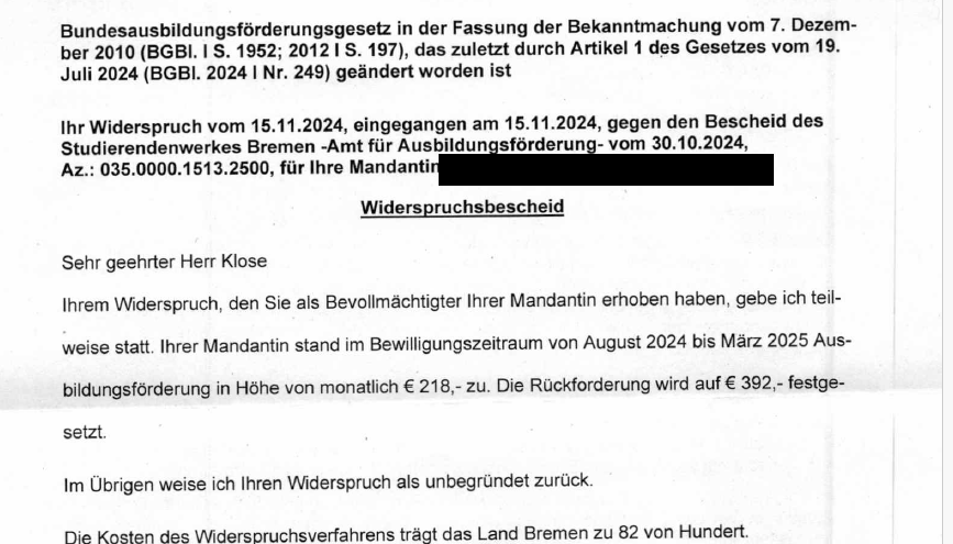 BAföG-Rückforderung um 82% reduziert