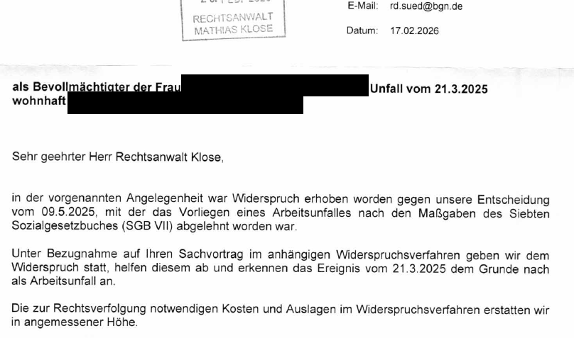 BGN erkennt Unfall doch als Arbeitsunfall an