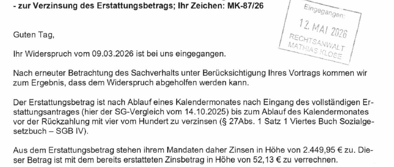 Nach Betriebsprüfung: SVLFG muss rund 2450 € Zinsen an Mandant von RA Klose bezahlen