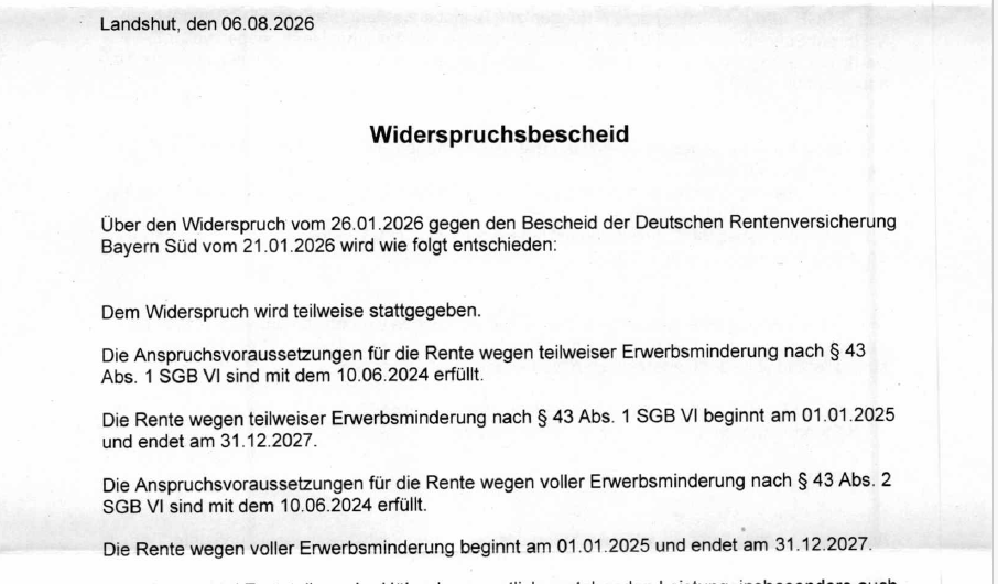Widerspruchsbescheid der DRV Bayern Süd: Volle EM-Rente bei ME/CFS