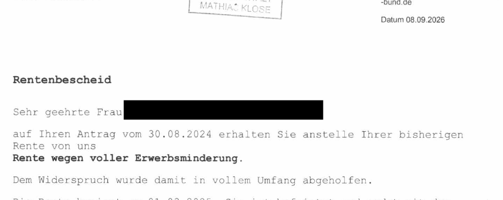 DRV Bund bewilligt voll Erwerbsminderungsrente bei ME/CFS - Post-Covid