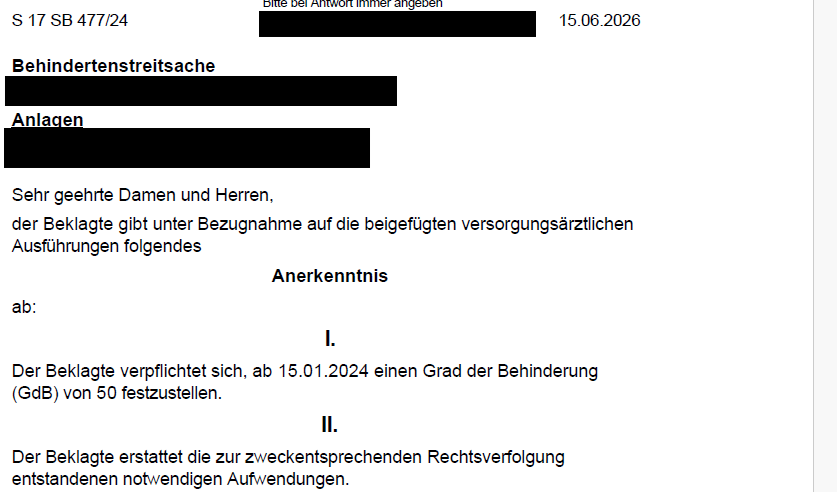 Anerkenntnis des ZBFS vor dem SG Regensburg - GdB 50