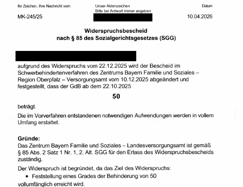 Nach Widerspruch: GdB 50 beim ZBFS erreicht
