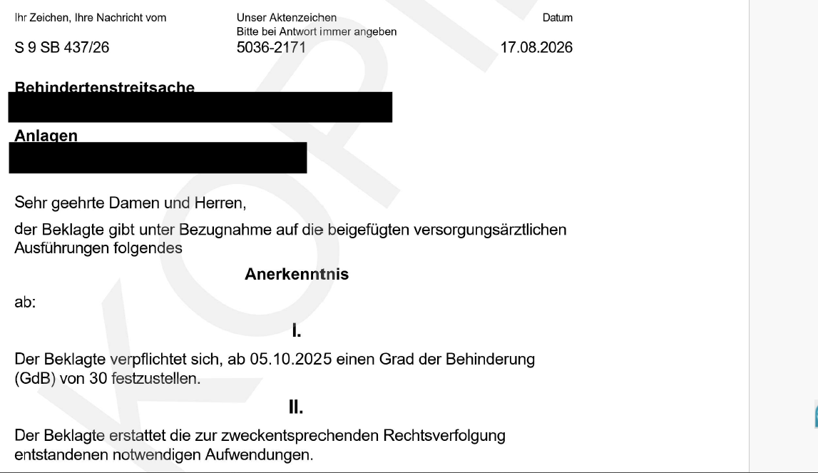 ZBFS erkennt GdB 30 vor dem SG Landshut an