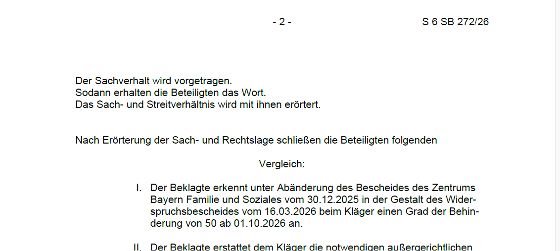 Sozialgericht Regenburg: Vergleich über GdB-Höhe - 50