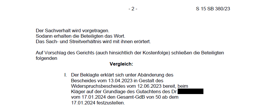 Vergleich zur GdB-Höhe 50 vor dem Sozialgericht Regensburg 