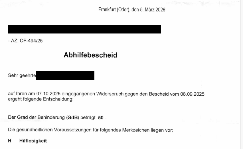 GdB 50 und Merkzeichen H bei Asperger-Syndrom - erfolgreicher Widerspruch