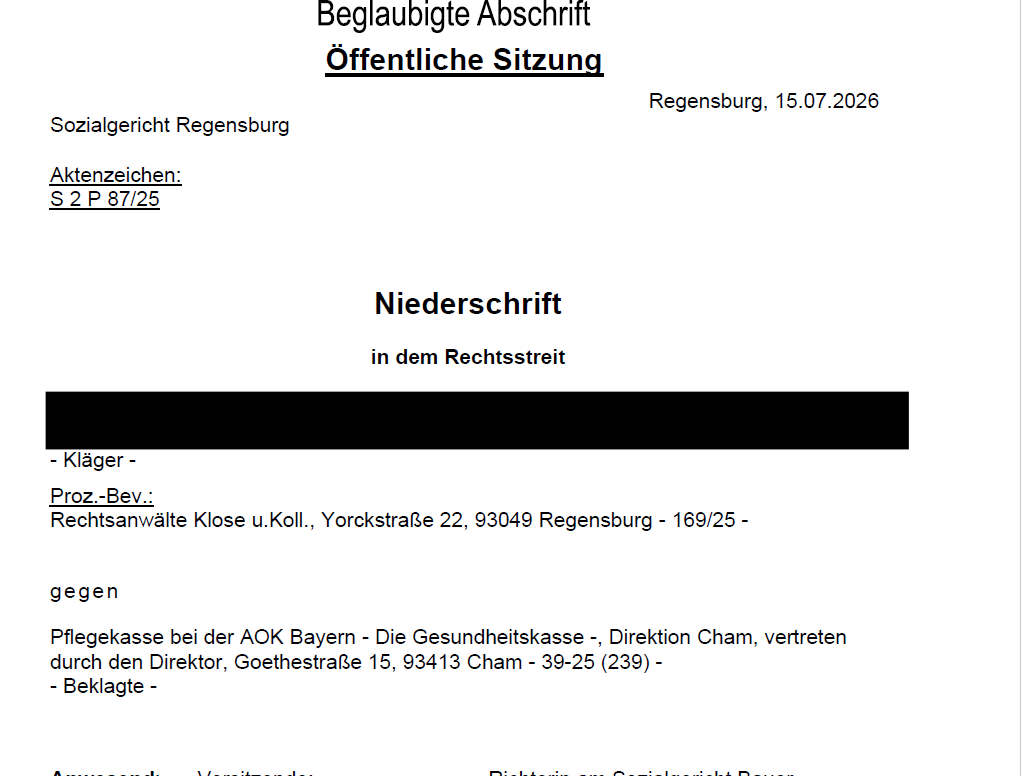 SG Regensburg - S 2 P 87/25 - Sitzungsprotokoll mit Vergleich zu PG2