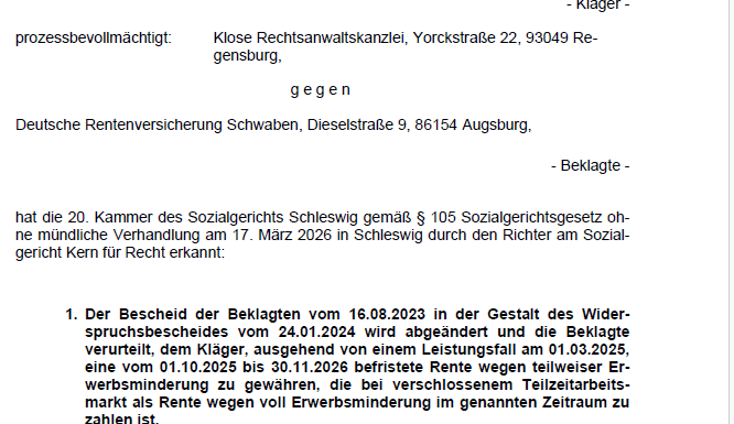 SG Schleswig spricht unserem Mandanten EM-Rente zu