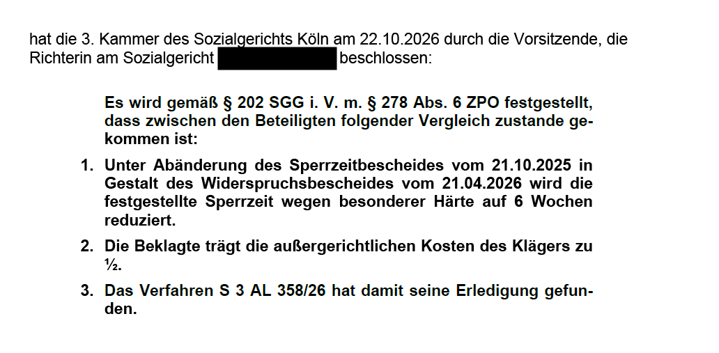Vergleich vor dem SG Köln: Sperrzeit beim ALG-Bezug halbiert