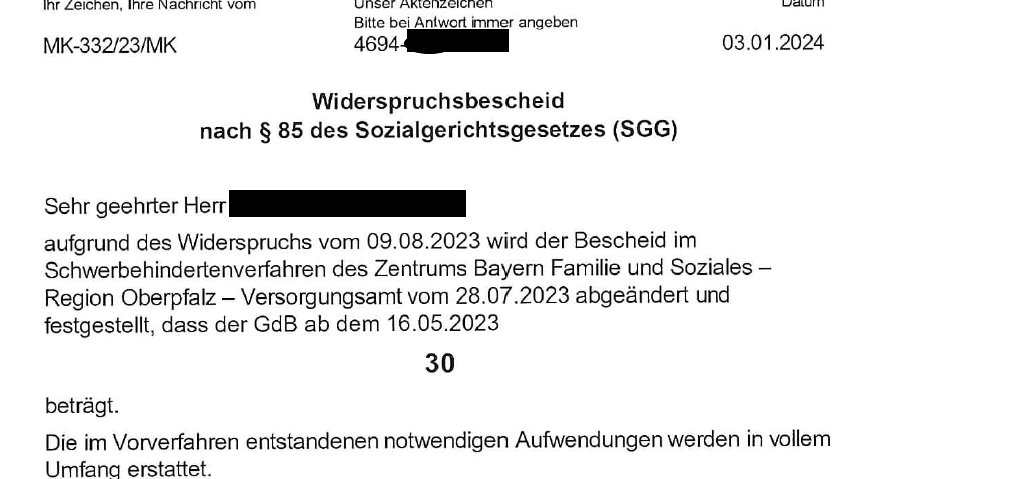 Nach Widerspruch erkennt das ZBFS Region Oberpfalz (Versorgungsamt) einen GdB von 30 an