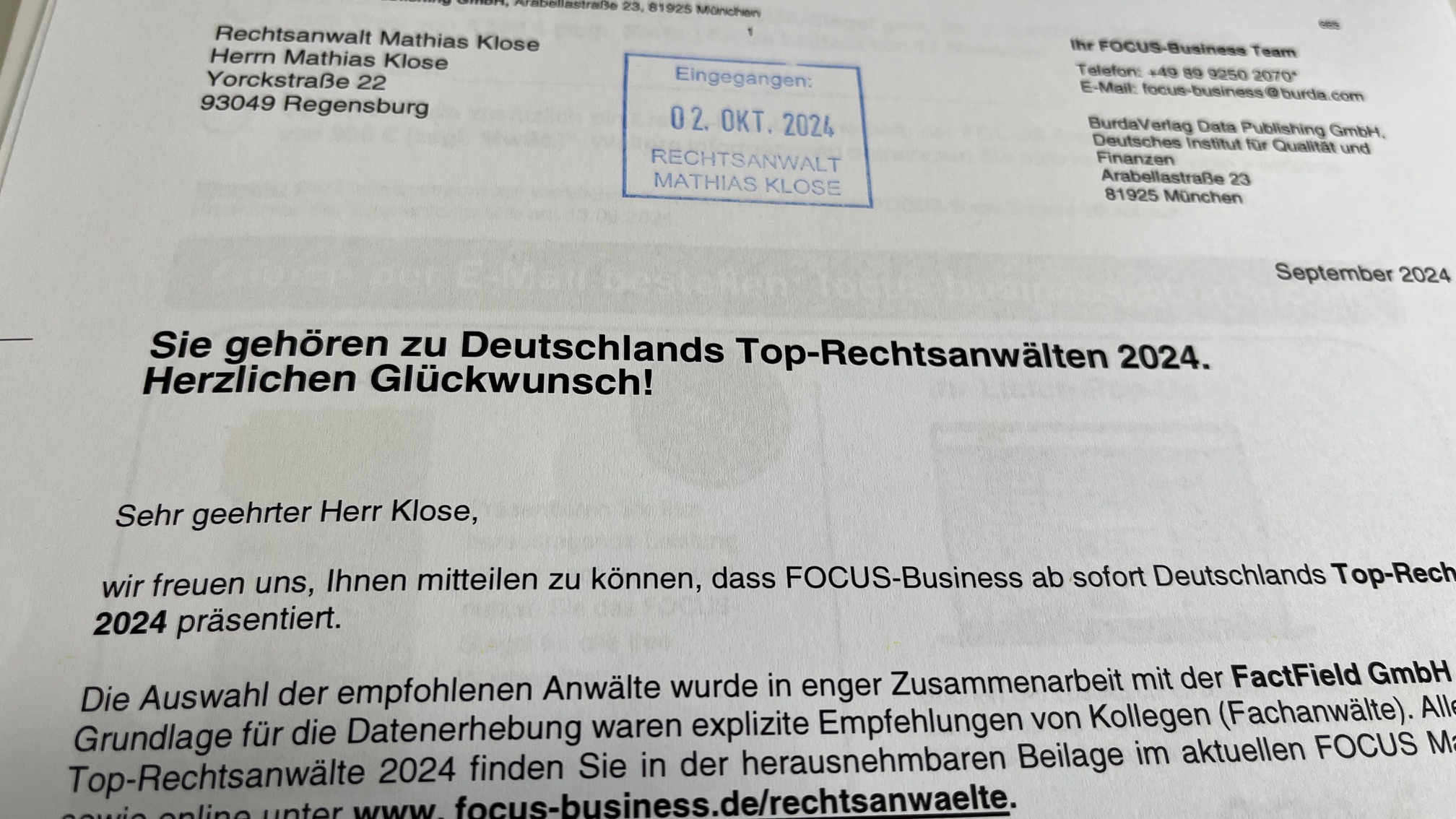 focus top anwalt 2024 - Mathias Klose ist im Sozialrecht wieder in der Focus Liste dabei